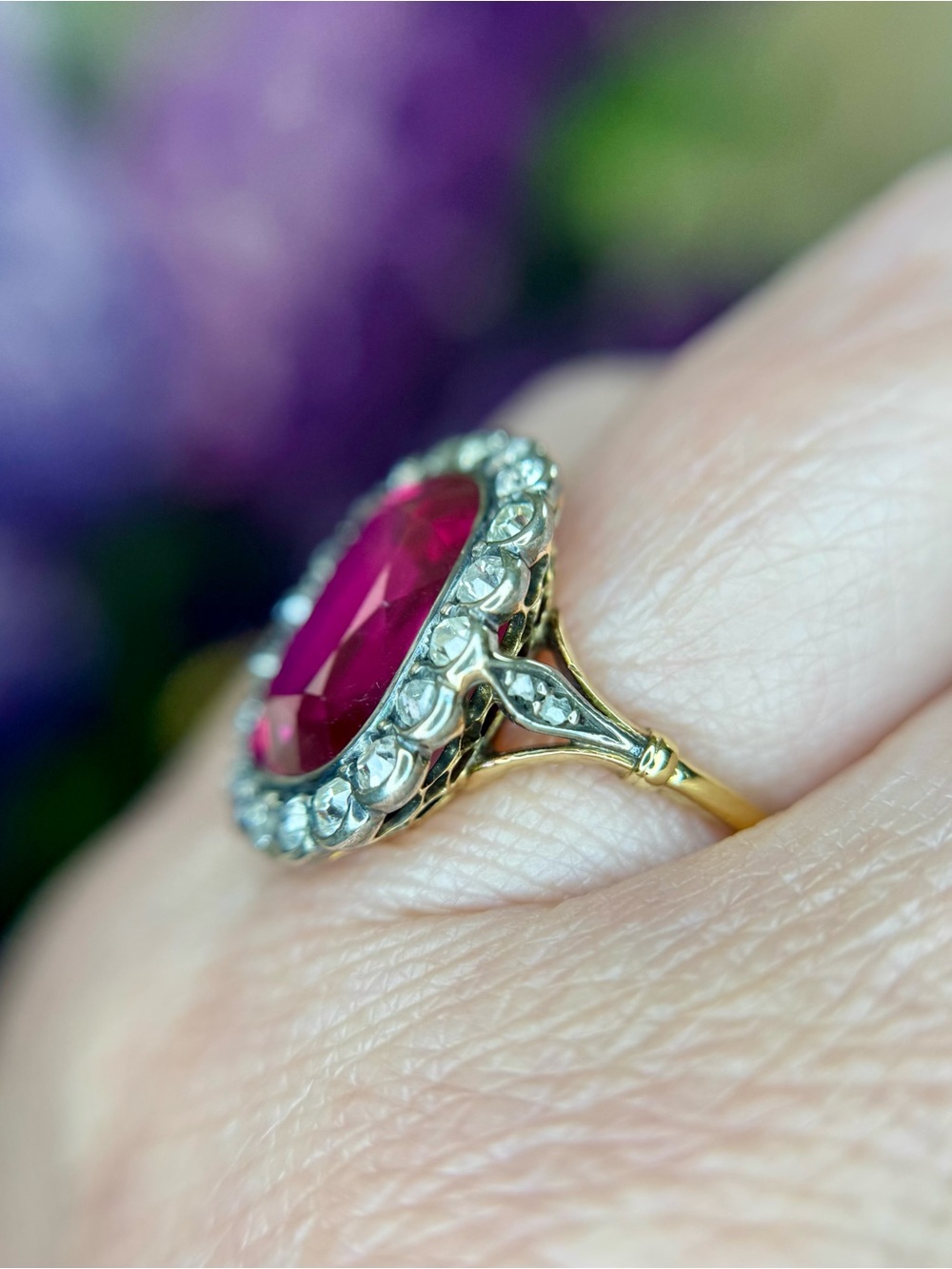 Antique Edwardian 18k Yellow Gold Silver Topped Ruby Diamond Ring - Picture 7 of 11